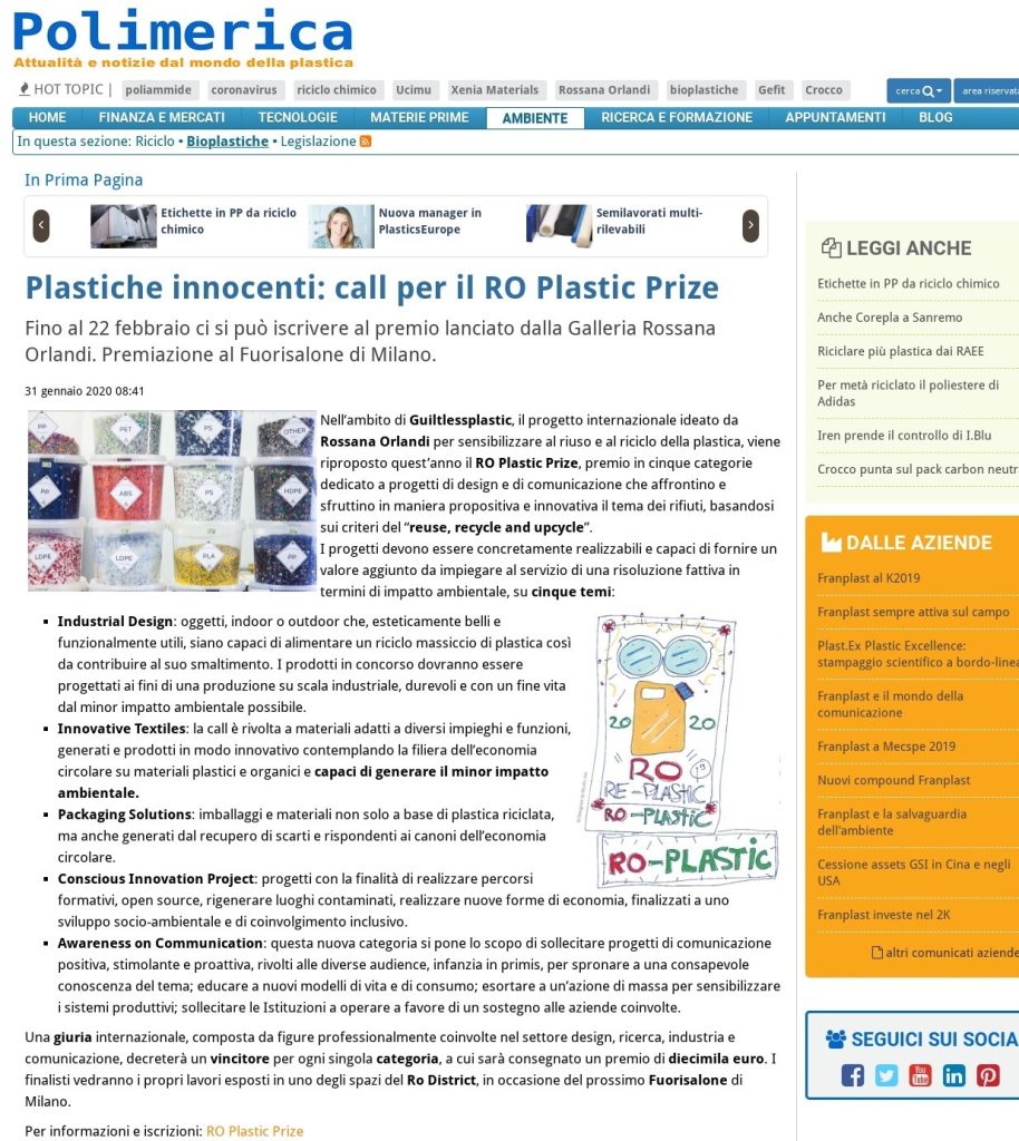 Plastiche innocenti: call per il RO Plastic Prize
